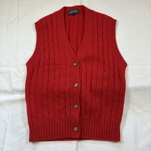 Vintage Land's End Red Shetland Wool Button-Up Cable Knit Sweater Vest Size M